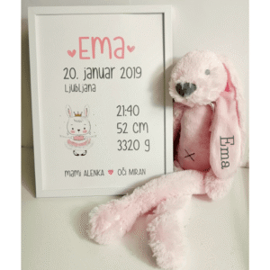 Komplet za punčko - okvir s podatki in zajček z imenom v roza barvi